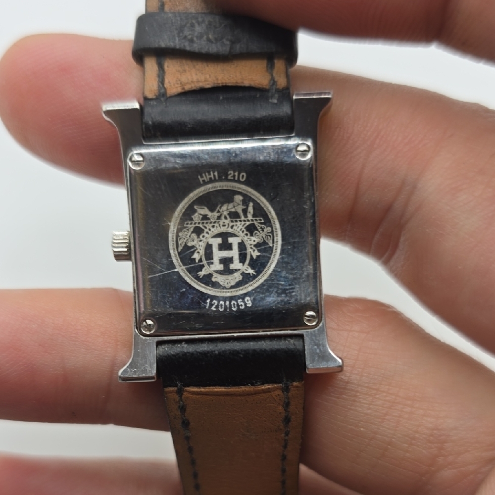Hermes Black Leather Strap Silver-Tone Case Watch - Picture 2 of 14